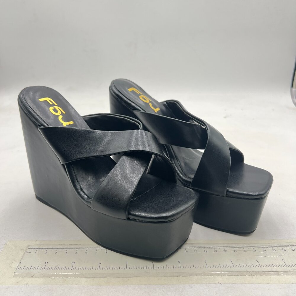 FSJ Black Platform High Heel Wedge Peep Toe Slip On Mules Cross Wide Band Sandal - Picture 4 of 8